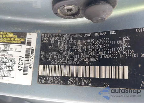 2006 Toyota Sienna Le из США, поврежденный, VIN 5TDBA23C76S071998